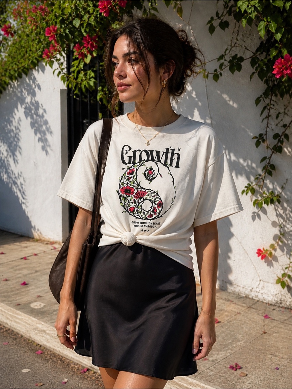 61. Black silk dress and Cream "Growth" Floral Yin-Yang Short Sleeve Tee Bundle